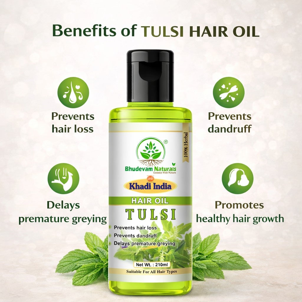 Bhudevam Naturals Khadi Tulsi Hair Oil Reduces Hair Fall & Strengthens Roots Naturally- 210ML