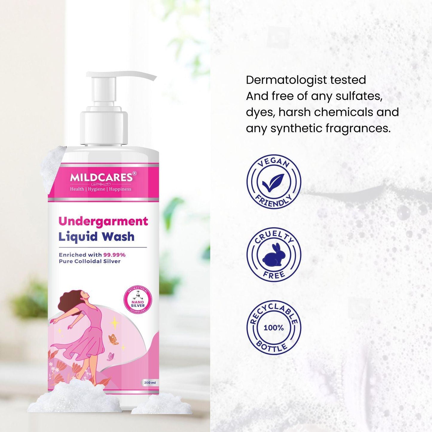 MildCares Antibacterial Undergarment Wash | Stain Removal & Odor Control | Bleach-Free Blossom Liquid Detergent