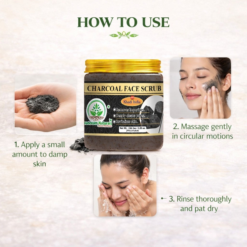 Bhudevam Naturals Khadi Charcoal Face Scrub for Blackheads, Acne, Oil Control, Deep Cleansing & Skin Detox Exfoliation- 150GM