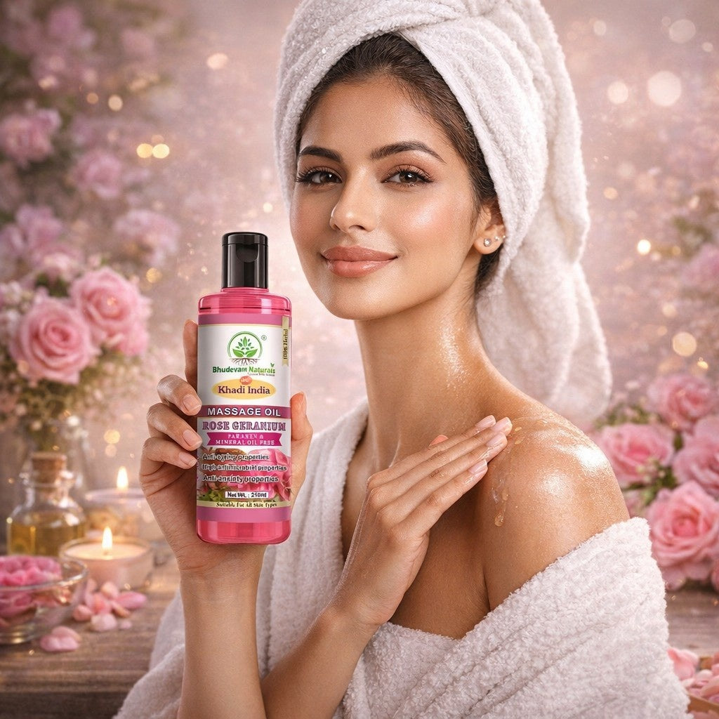 Bhudevam Naturals Rose Geranium Spa Therapy Massage Oil for Muscle Relaxation, Skin Care & Deep Hydration- 210ML