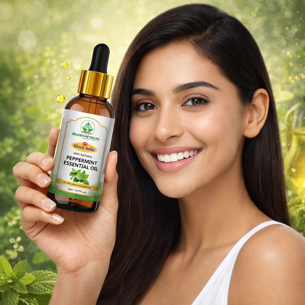 Bhudevam Naturals Khadi Peppermint Essential Oil for Hair Growth, Head Massage, Aromatherapy, Diffuser, Skin Care & Stress Relief- 15ml