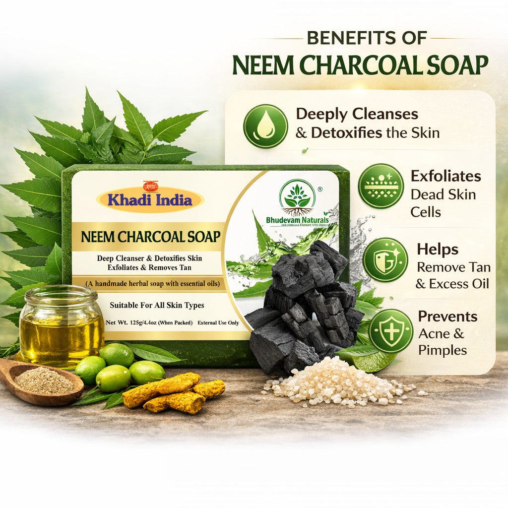 Bhudevam Naturals Khadi Neem & Activated Charcoal Soap – Herbal Handmade Bath Soap for Acne, Pimples, Blackheads Removal- 500GM (Pack of 4)