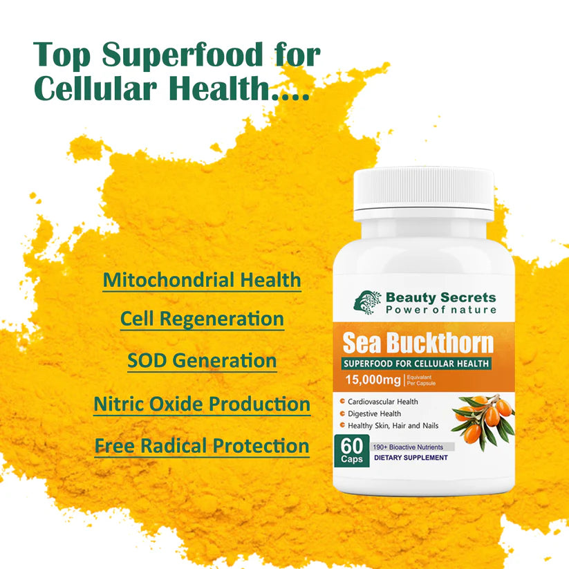 Beauty Secrets Sea Buckthorn Capsules 15000 mg | Sea Buckthorn Berry Extract | with Omega-7 | High Potency Antioxidant Supplement for Immune Support, Digestive & Heart Health | 60 Veg Capsules