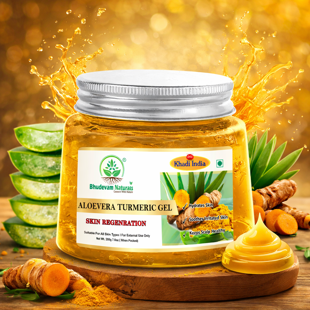 Bhudevam Naturals Khadi Aloe Vera Turmeric Gel for Face & Hair – Skin Brightening, Anti-Acne & Hydrating Moisturizer- 200GM