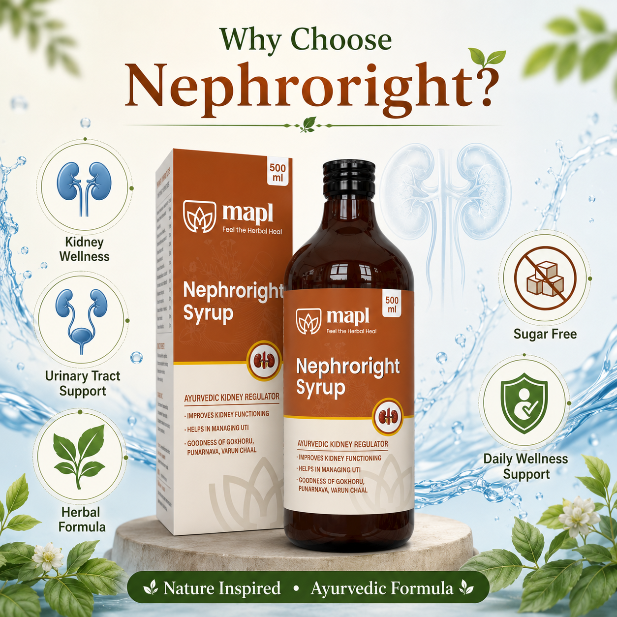 MAPL Nephroright Syrup 500ml | Ayurvedic Kidney & Urinary Health Support | Sugar Free Herbal Formula