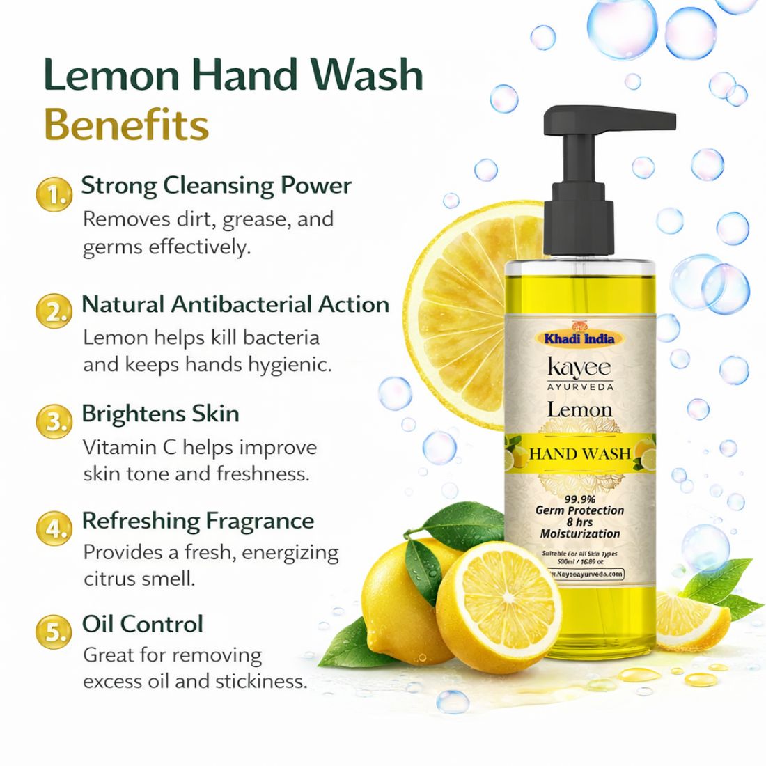 Kayee Ayurveda Lemon Hand Wash | Refreshing Herbal Liquid Hand Wash with Lemon | Effective Daily Cleansing for Clean, Fresh & Soft-Feeling Hands | Citrus Fragrance Hand Wash for Home, Office & Everyday Hand Hygiene | 500 ml