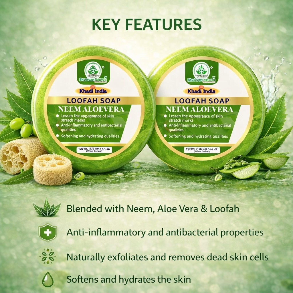 Bhudevam Naturals Khadi Neem & Aloe Vera Loofah Soap for Natural Skin Purifying & Healing Formula - 250GM (Pack of 2)