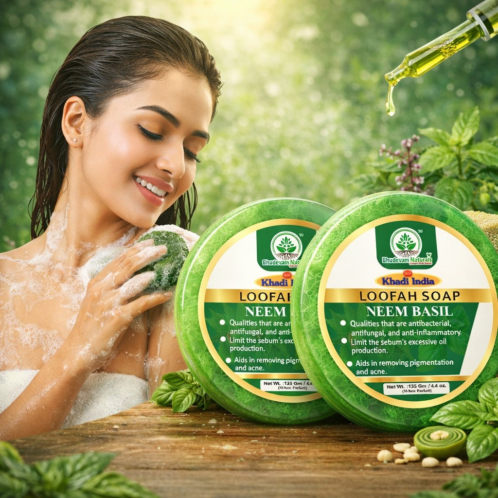 Bhudevam Naturals Khadi Neem & Basil Loofah Soap – Skin Purifying Exfoliating Soap Bar for Daily Use - 250GM (Pack of 2)