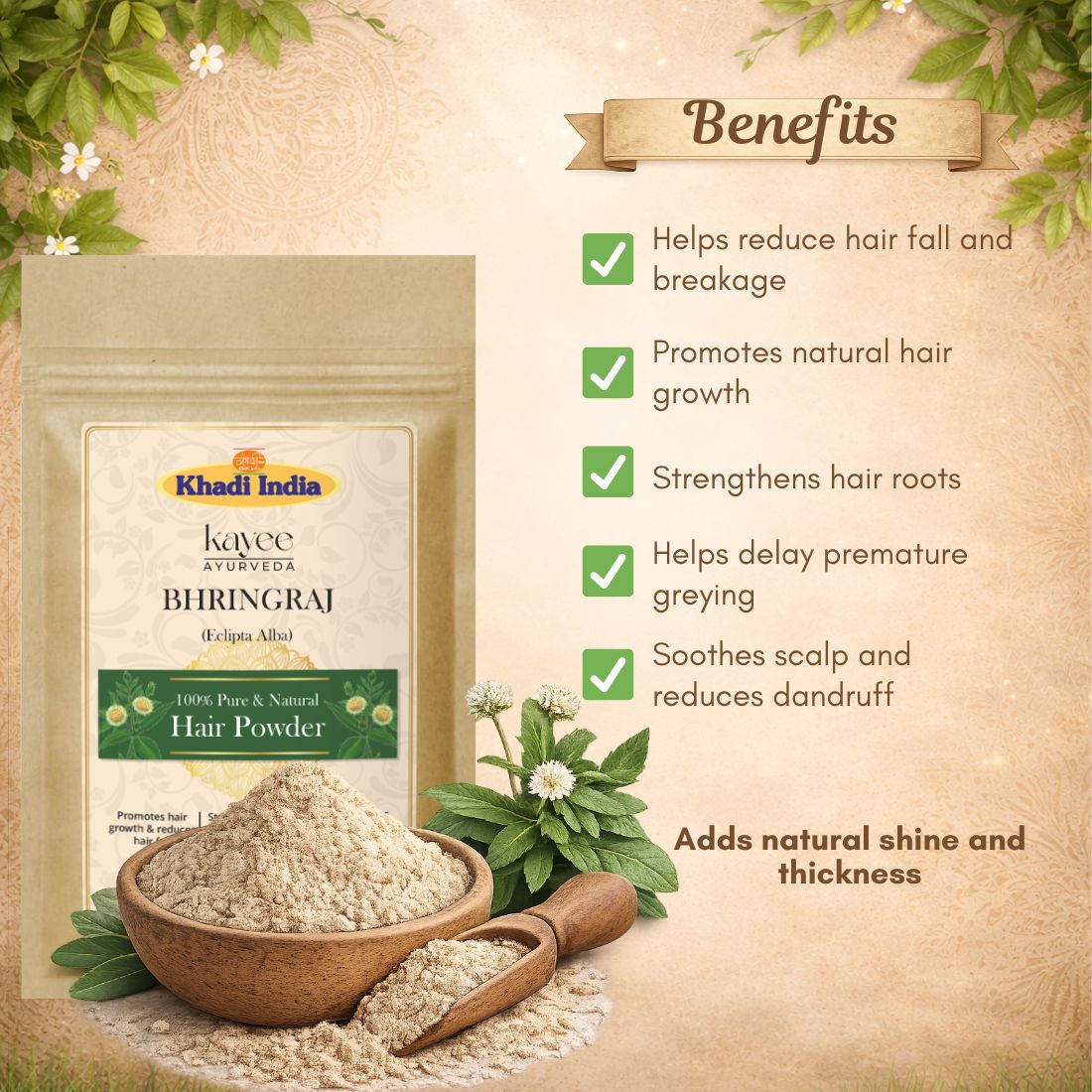 Kayee Ayurveda Bhringraj Hair Powder for Hair & Scalp Care | Herbal Bhringraj Powder for Hair Nourishment, Conditioning & Scalp Care | Helps Support Strong, Soft, Smooth & Healthy-Looking Hair | 100 g