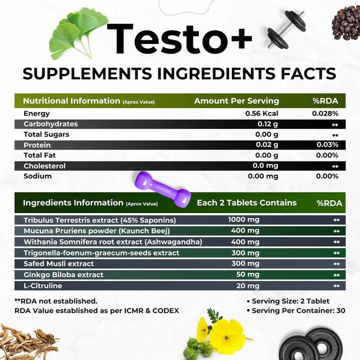 Health Veda Organics Testo+ with Tribulus & Ashwagandha for Metabolic Strength - 60 Veg Tablets