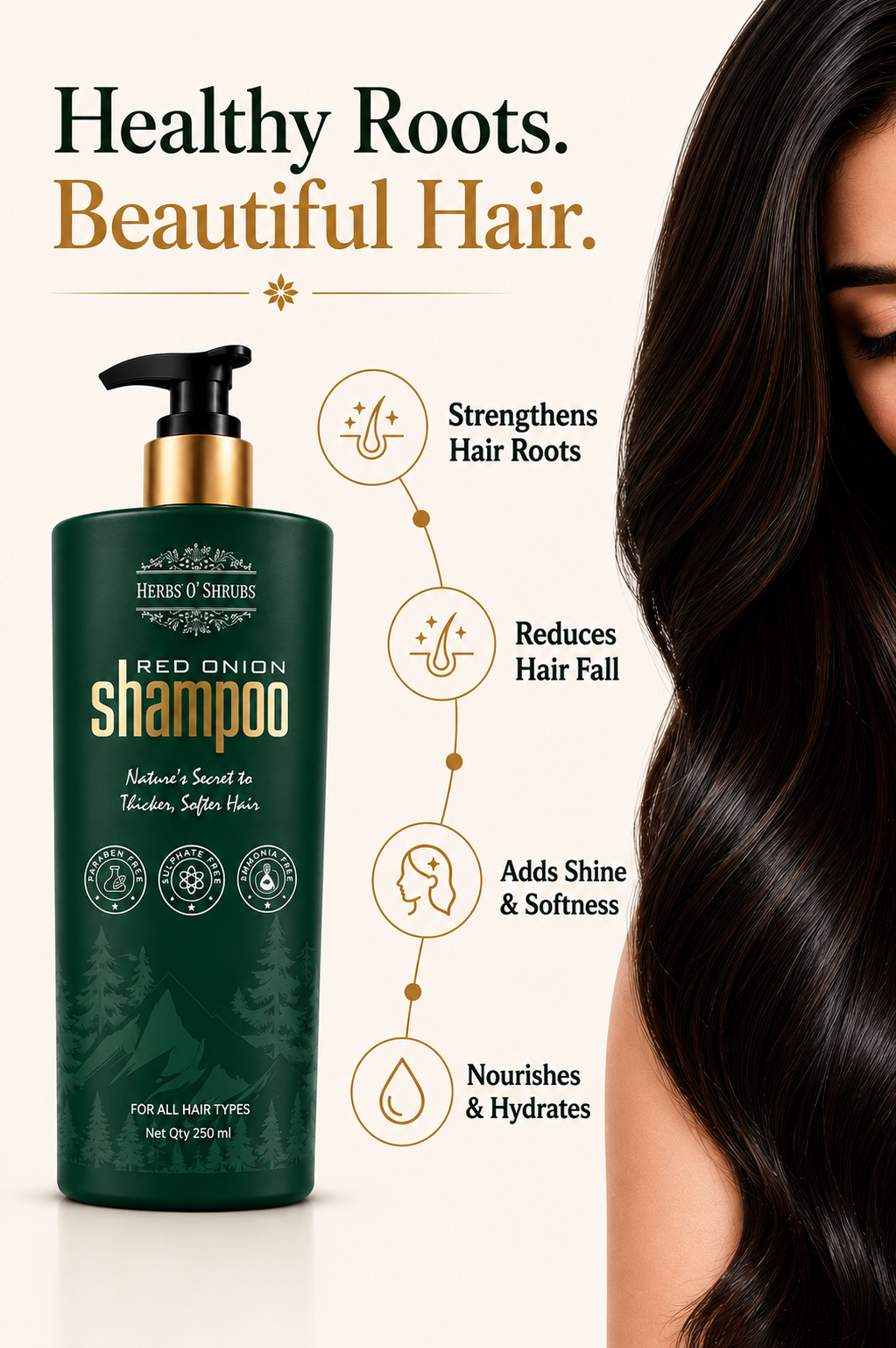 Herbs O' Shrubs Onion Strength & Shine Shampoo with Ayurvedic Ingredients | Onion, Coffee, Brahmi, Hibiscus, Green Tea & Curry Leaf | Gentle Daily Hair Cleanser for All Hair Types, 250 ml