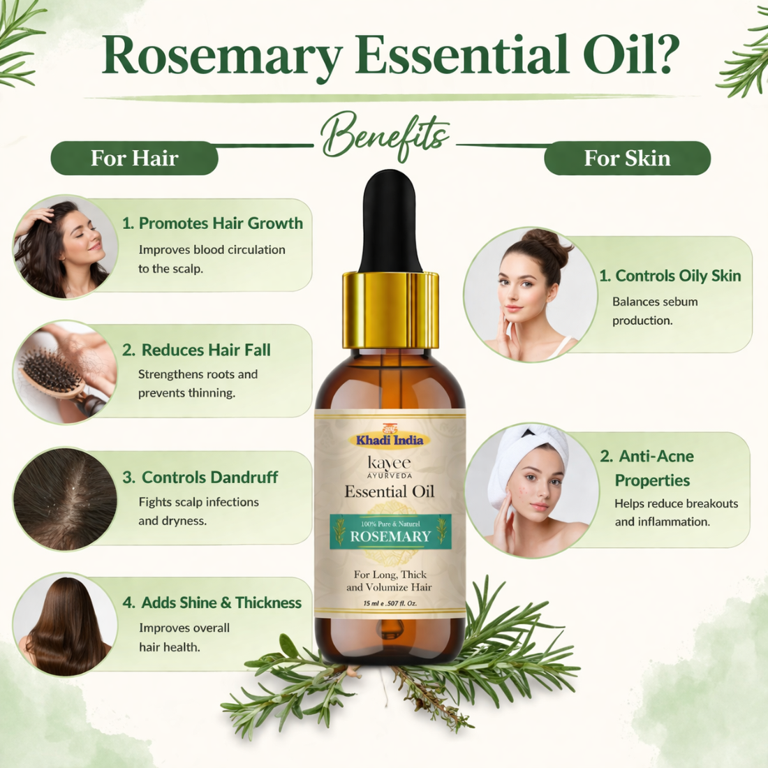 Kayee Ayurveda Rosemary Essential Oil for Hair Care, Aromatherapy, Diffuser & Massage | Refreshing Rosemary Aroma Oil for Scalp & Hair Care, Meditation, Yoga, Spa & Home Fragrance | Multi-Purpose Essential Oil | 15 ml