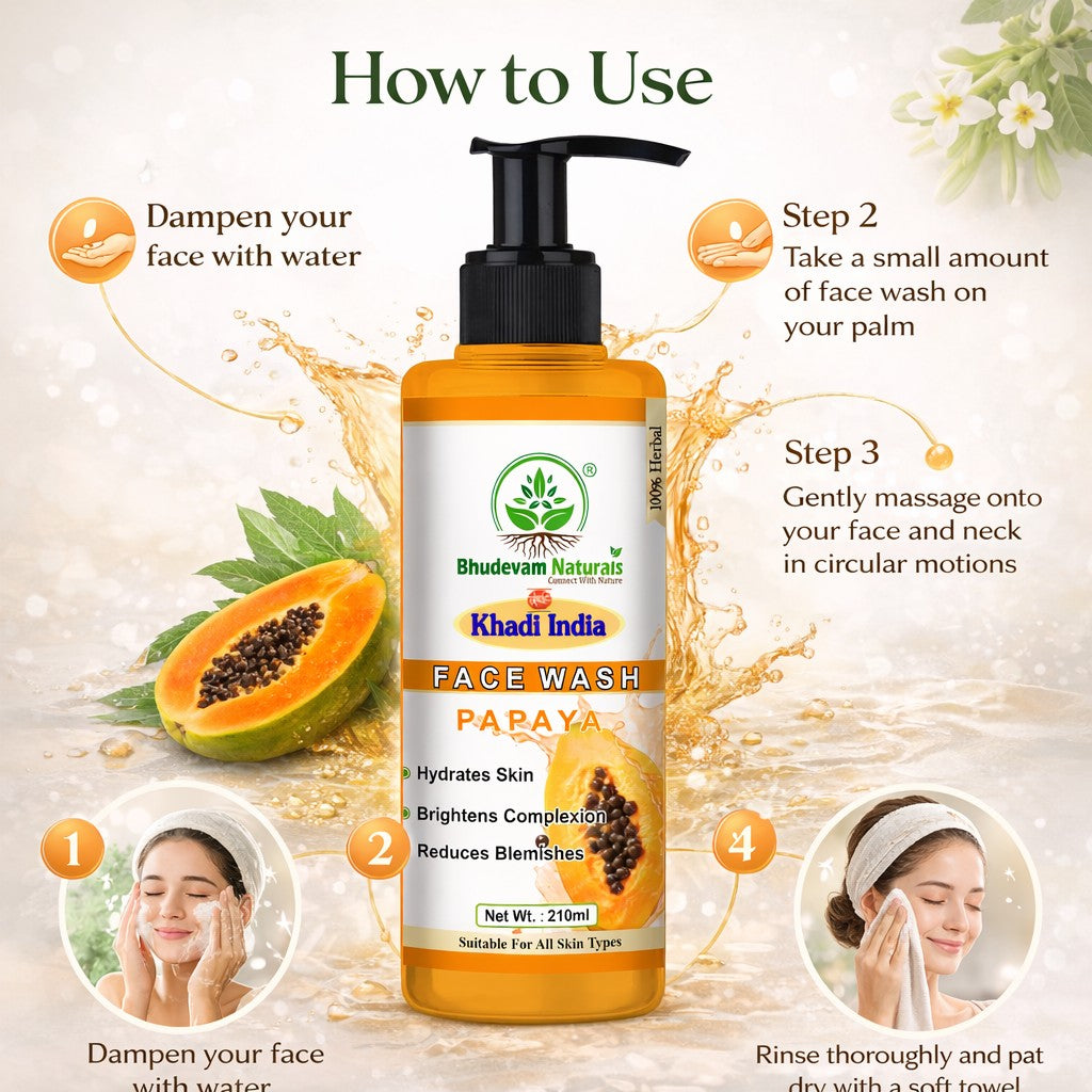 Bhudevam Naturals Khadi Papaya Face Wash – Removes Dirt, Oil & Impurities Naturally- 420ML (Pack of 2)