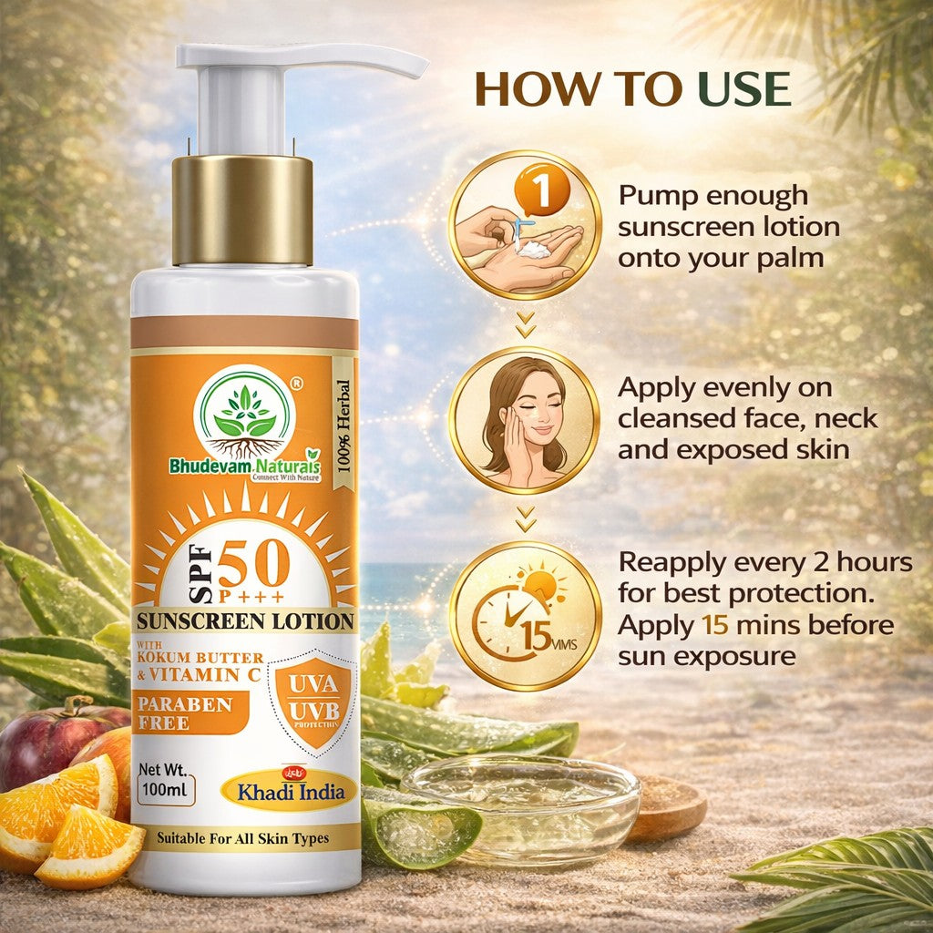 Bhudevam Naturals Khadi SPF 50 Sunscreen Cream for Men & Women | Non-Greasy Sun Protection Lotion for Face & Body- 100ML