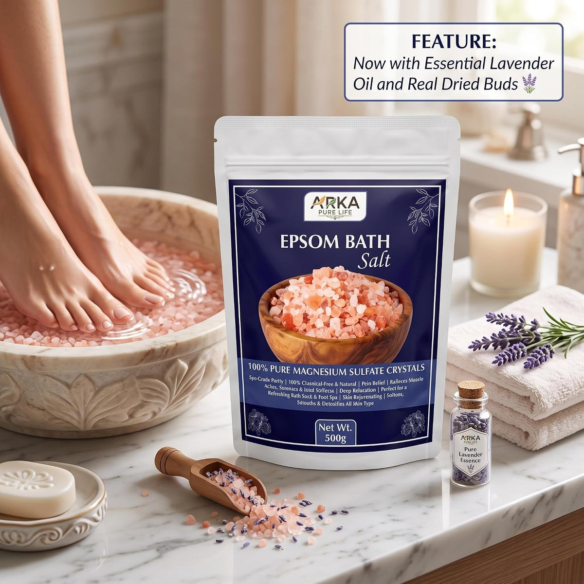 Arka Pure Life Epsom Bath Salt – Magnesium Sulfate Bath Salt for Relaxing Soak, Muscle & Body Care – 500g