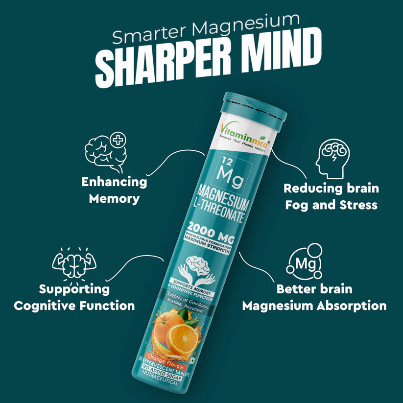 Vitaminnica Magnesium L-Threonate Effervescent Tablets - Brain Health & Focus Support, 20 Count