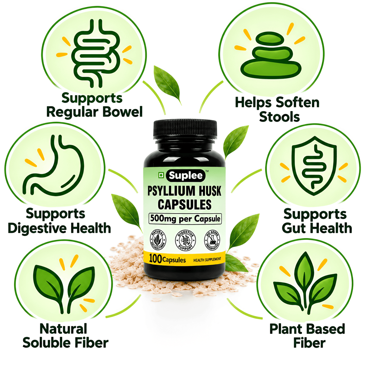 Psyllium Husk Capsules 500mg | Isabgol Fiber Supplement | 100 Veg Capsules