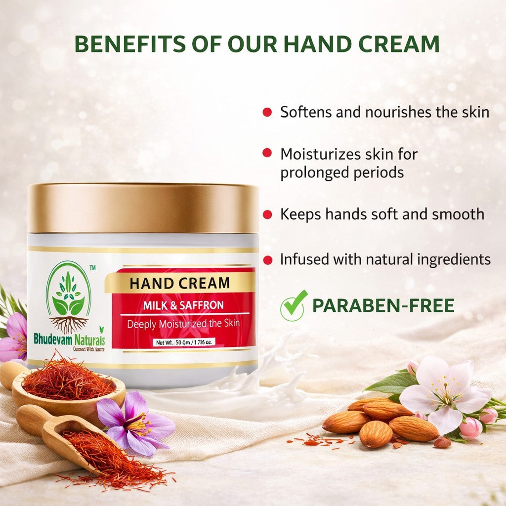 Bhudevam Naturals Khadi Milk & Saffron Hand Cream – Deep Moisturizing & Skin Brightening Hand Care Cream- 50GM