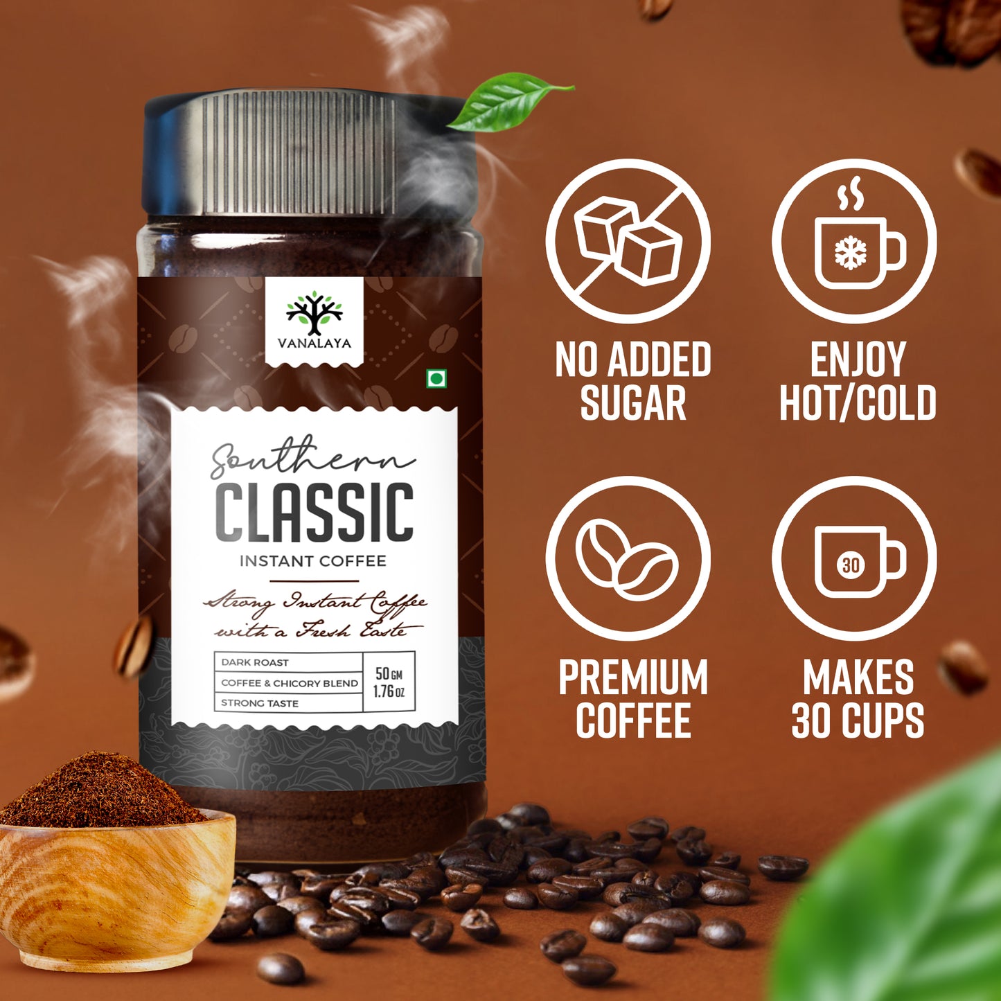Vanalaya Southern Classic Instant Coffee 70% Arabica & 30% chicory Coffee - 50gm