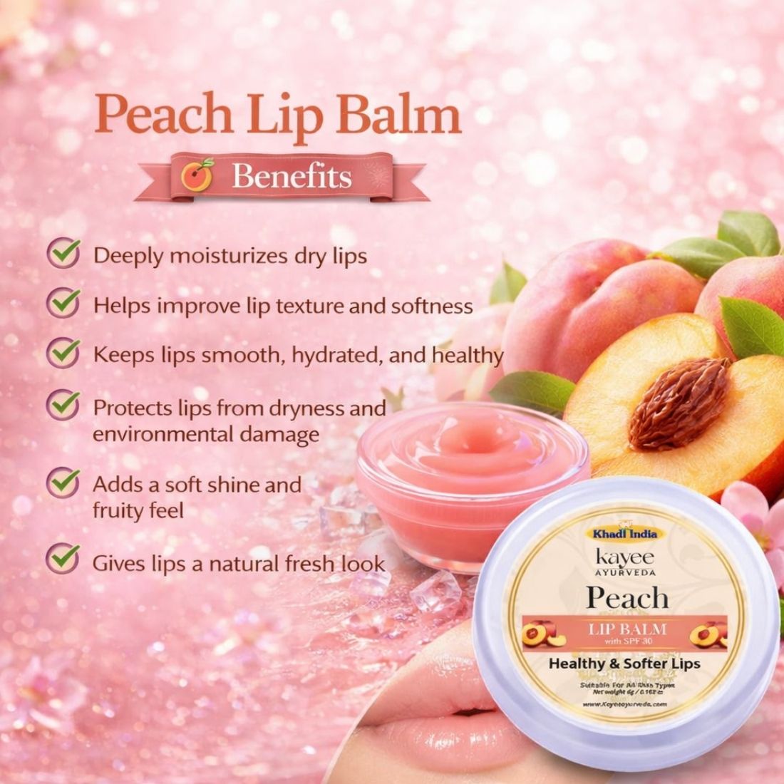 Kayee Ayurveda Peach Lip Care Balm, Moisturizing Lip Balm for Dry & Chapped Lips, Helps Lock in Moisture and Maintain Soft, Supple & Smooth-Looking Lips, Daily Lip Care for Women & Men | 6 g