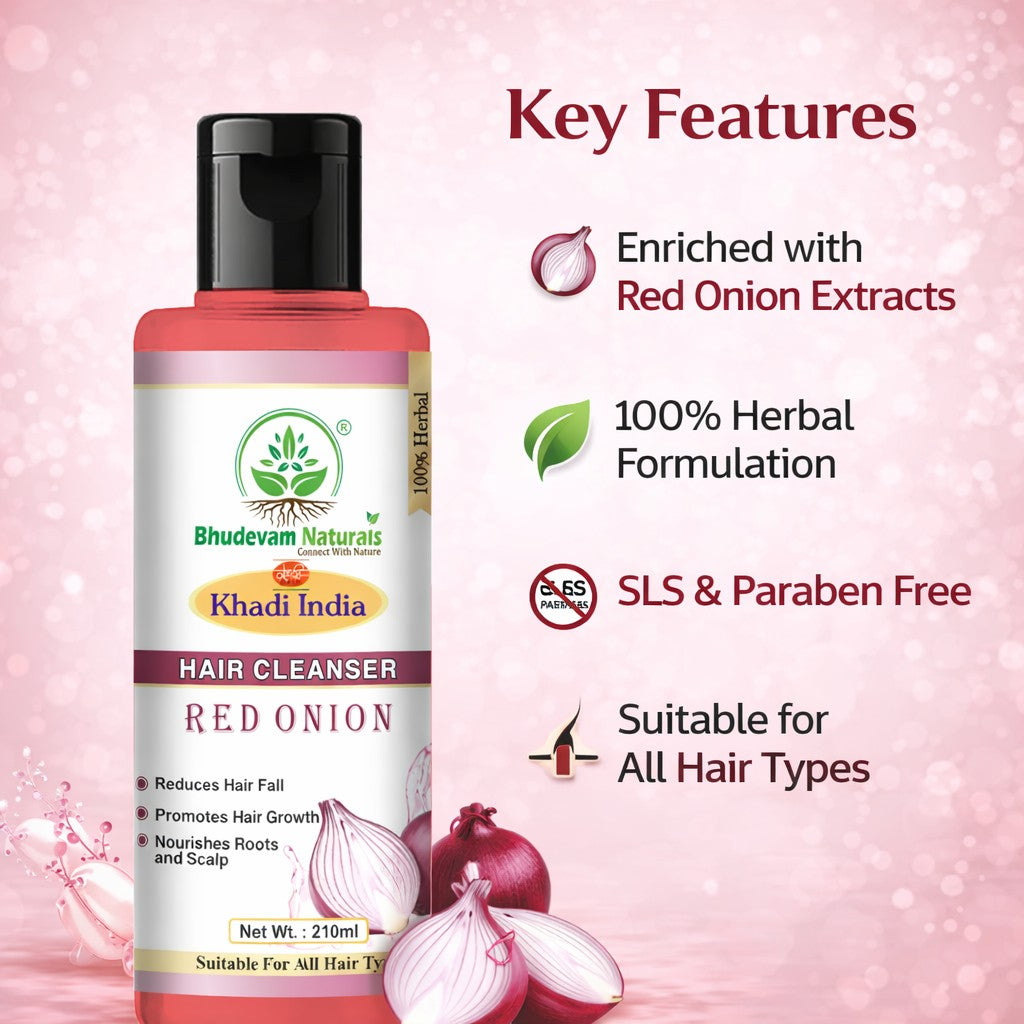 Bhudevam Naturals Khadi Red Onion Hair Shampoo – Anti-Hair Fall & Strengthening Formula- 420ML (Pack of 2)