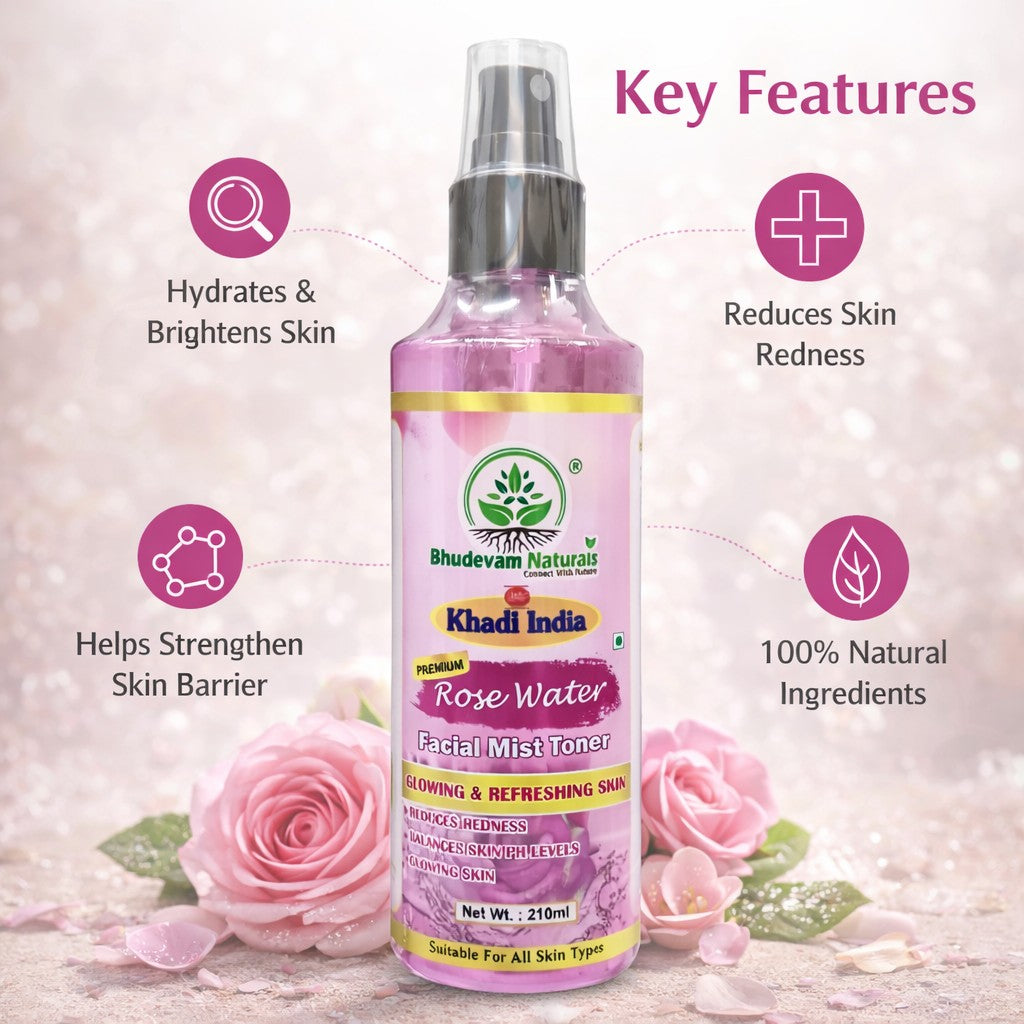 Bhudevam Naturals Khadi Pure Rose Water Mist Toner for Instant Glow, Refresh & Oil Control- 420ML (Pack of 2)