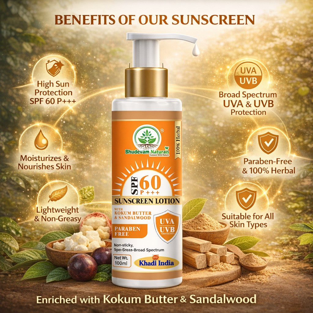 Bhudevam Naturals Khadi SPF 60 Moisturizing Sunscreen Lotion | Non-Greasy Sunblock for Outdoor Sun Protection- 100ML