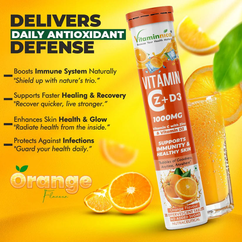 Vitaminnica Vitamin C + Zinc + D3 Effervescent Tablets - Orange Immune Support, 20 Count