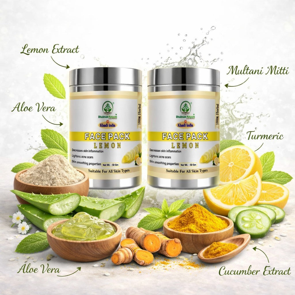 Bhudevam Naturals Khadi Lemon Face Pack Skin Brightening Face Mask for Acne, Pigmentation & Tan Removal- 100GM (Pack of 2)