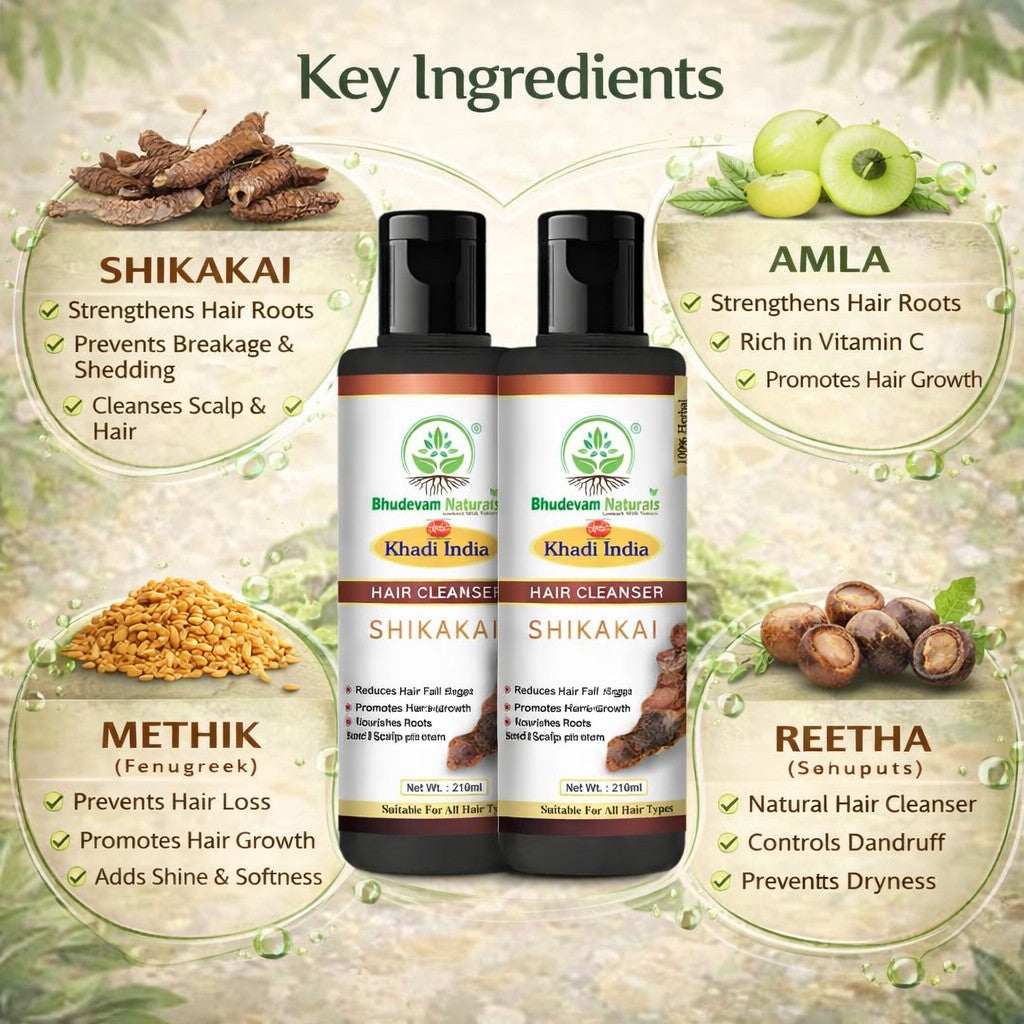 Bhudevam Naturals Khadi Shikakai Herbal Shampoo – Frizz Control & Scalp Nourishment- 210ML