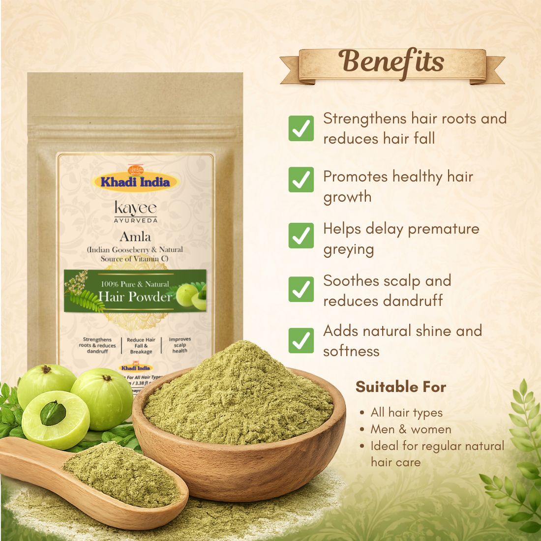 Kayee Ayurveda Amla Powder for Hair, Herbal Hair Care Powder for Nourishment & Scalp Care, Helps Improve the Appearance of Dry, Dull & Weak-Looking Hair, Ayurvedic-Inspired Hair Care for Men & Women | 100 g
