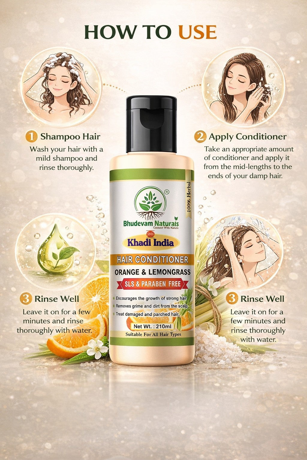 Bhudevam Naturals Khadi Orange & Lemongrass Hair Conditioner – Chemical Free Frizz Control & Shine Boost Formula-210ML