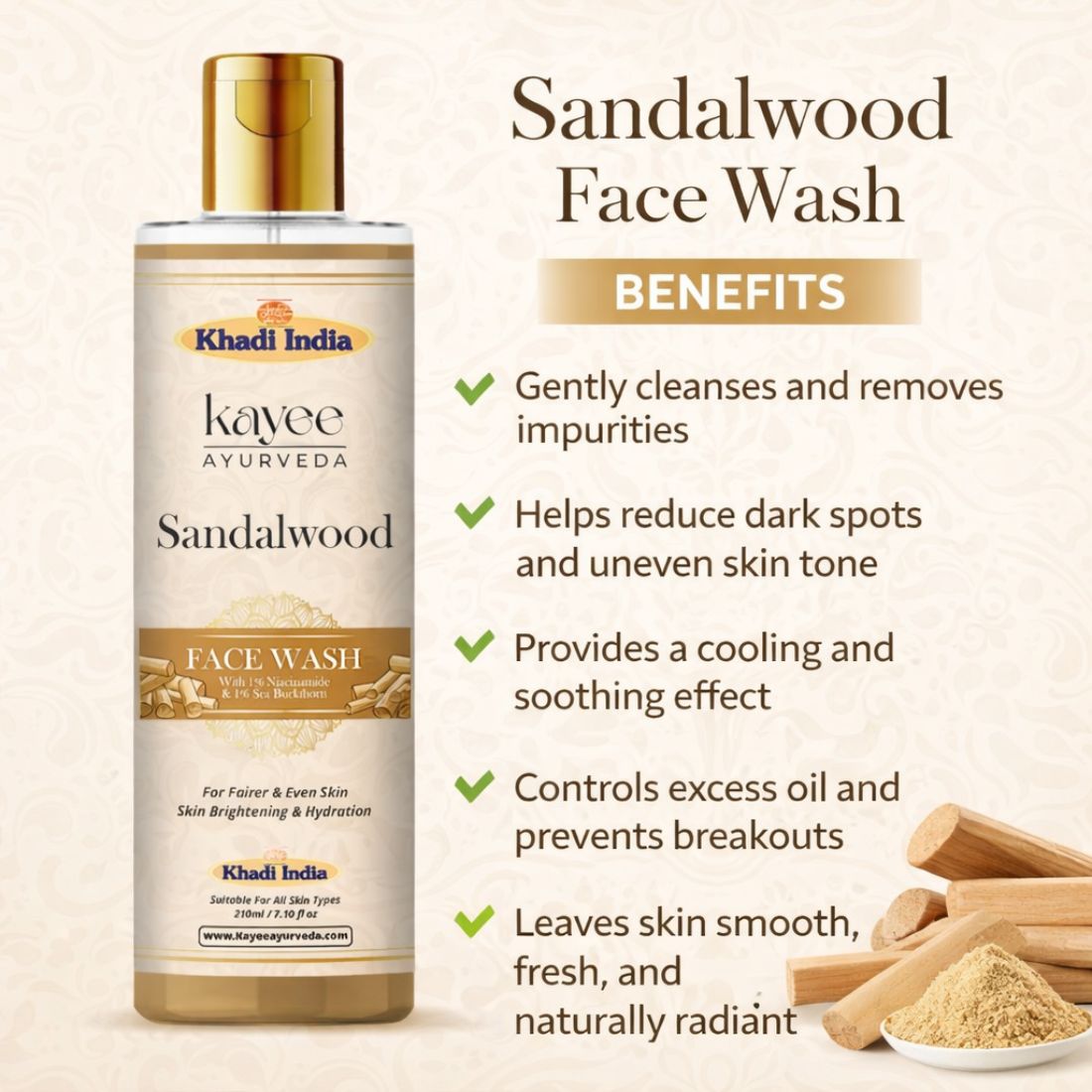 Kayee Ayurveda Sandalwood Herbal Face Wash for Daily Facial Care | Traditional Chandan Facial Cleanser for Oily, Dull & Combination Skin | Helps Remove Dirt, Sweat & Surface Impurities While Supporting Soft, Smooth & Refreshed Skin | 210 ml