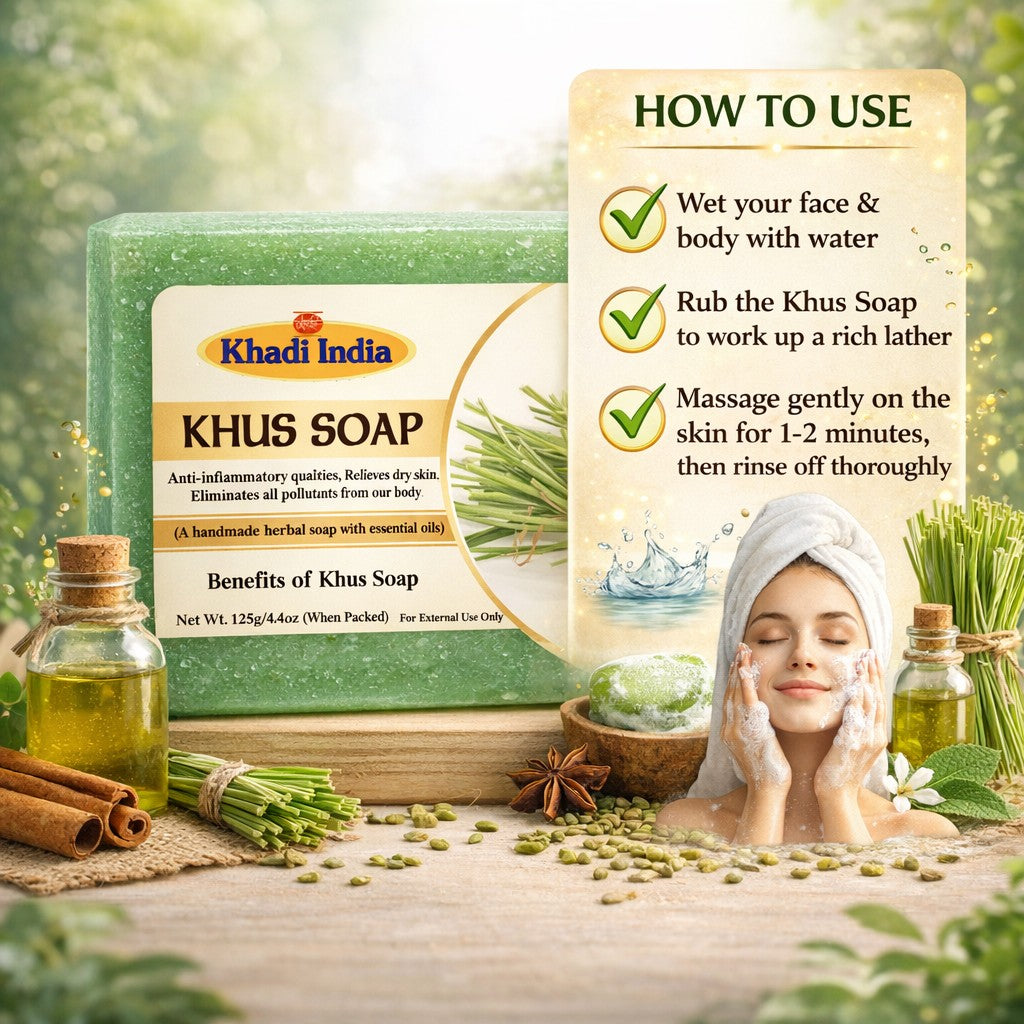 Bhudevam Naturals Khadi Handmade Khus Soap For Cooling & Skin Refreshing Bath Soap- 500GM (Pack of 4)