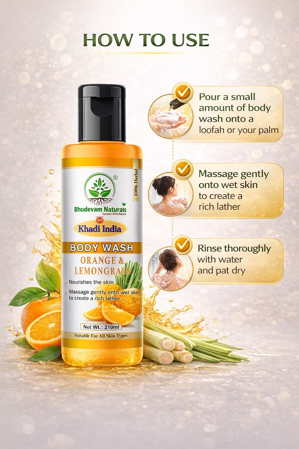 Bhudevam Naturals Khadi Orange & Lemongrass Body Wash, Refreshing Citrus Shower Gel for Soft & Glowing Skin- 210ML
