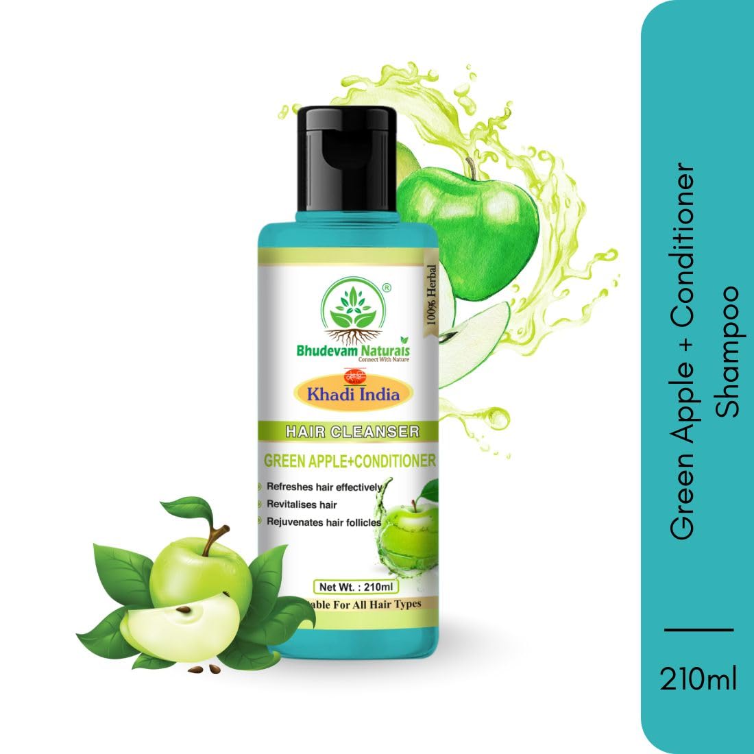 Bhudevam Naturals Khadi Green Apple Hair Shampoo + Conditioner for Soft, Silky & Frizz-Free Hair- 420ML (Pack of 2)