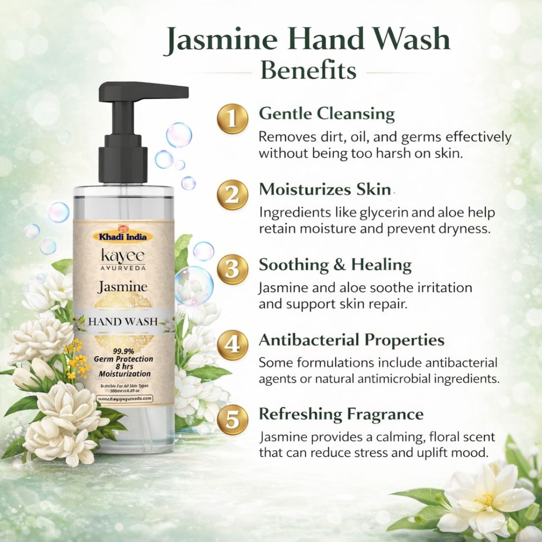 Kayee Ayurveda Jasmine Hand Wash | Gentle Herbal Liquid Hand Wash with Jasmine | Cleansing Hand Wash for Clean, Fresh & Soft-Feeling Hands | Daily Hand Hygiene & Refreshing Floral Care | Suitable for Everyday Use | 500 ml