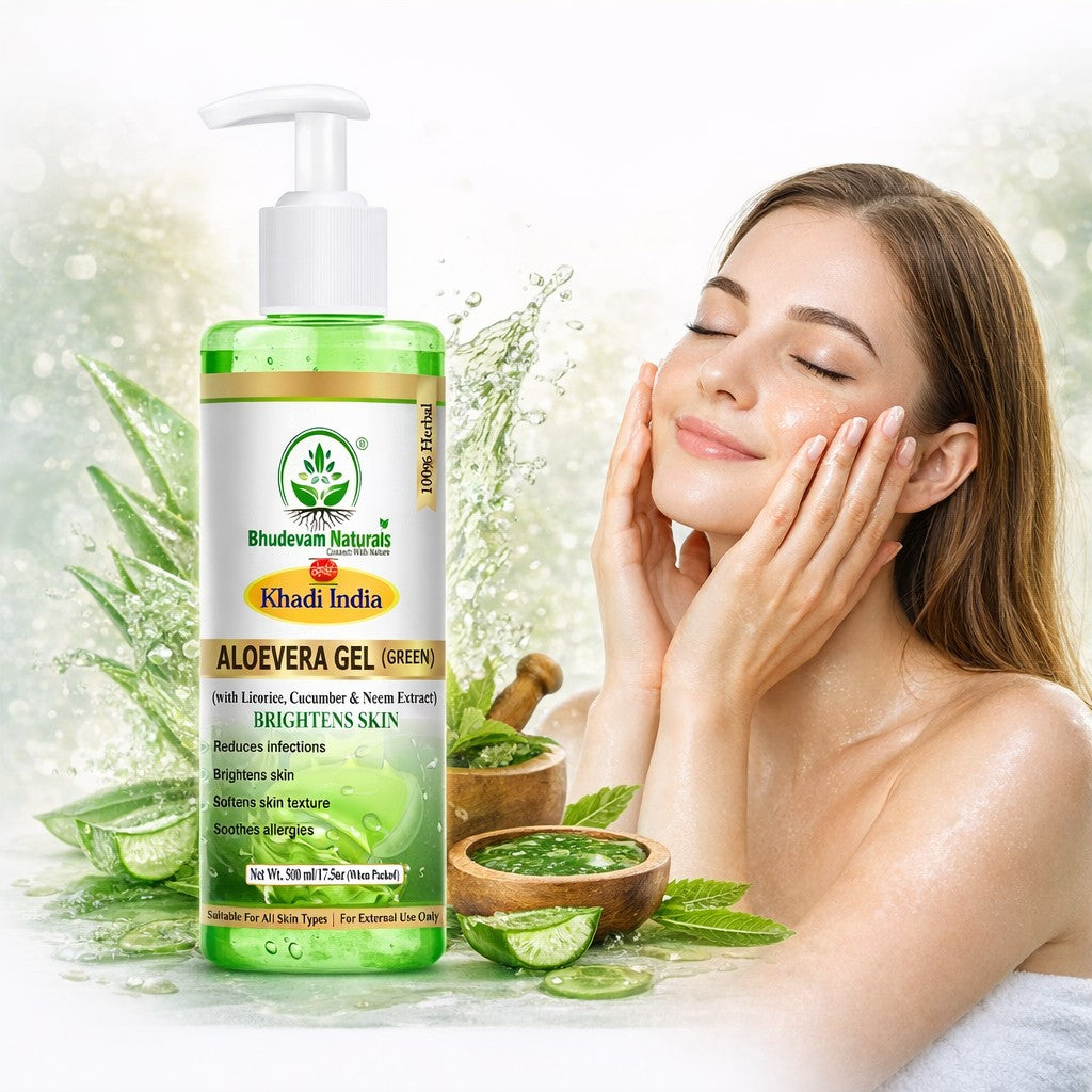 Bhudevam Naturals Khadi Pure Aloe Vera Gel | Lightweight Non-Sticky  green Gel for Skin Hydration, Acne Control, Hair Care & Skin Brightening- 500GM