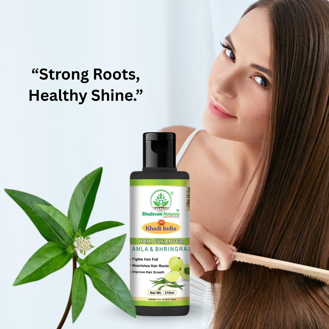 Bhudevam Naturals Khadi Amla Bhringraj Herbal Shampoo for Hair Fall Control & Strong Hair- 210ML