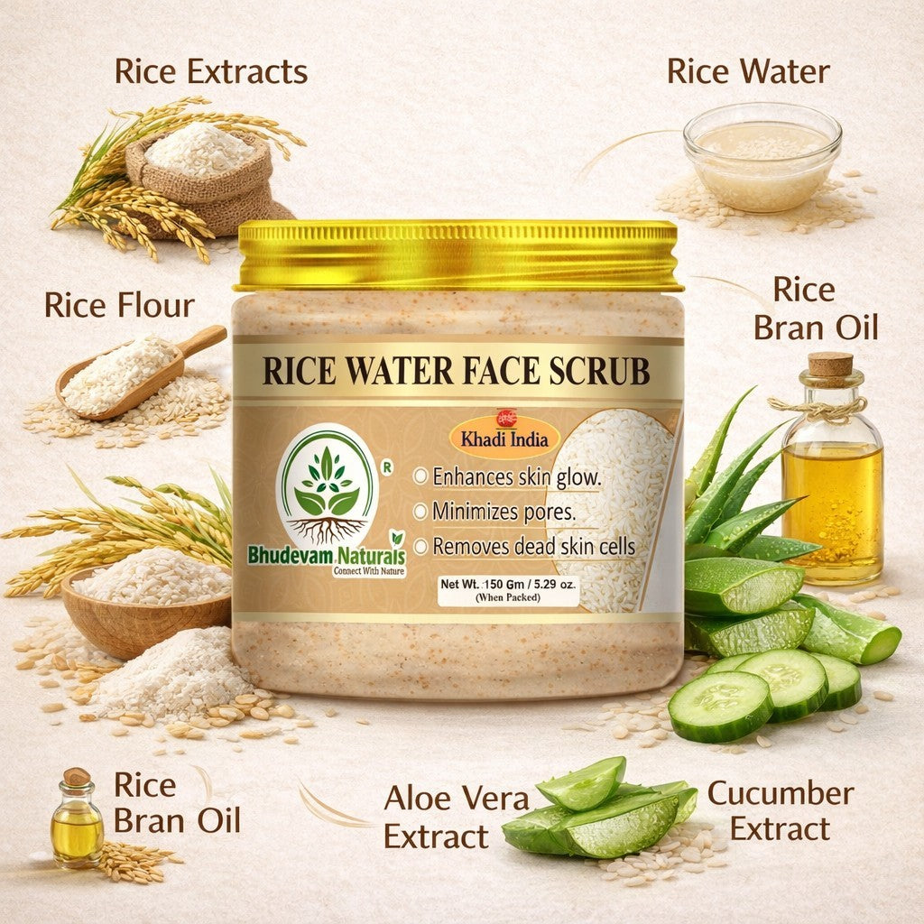 Bhudevam Naturals Khadi Rice Water Face Scrub for Women & Men – Gentle Exfoliation for Clear, Smooth & Radiant Skin-150GM