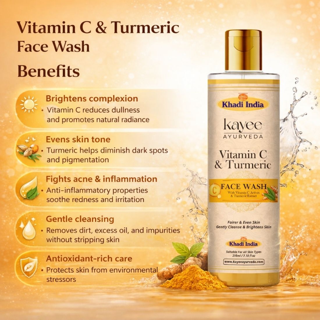 Kayee Ayurveda Vitamin C Turmeric Face Wash for Glowing Skin | Herbal Facial Cleanser with Vitamin C & Haldi | Helps Cleanse Dirt, Pollution, Excess Oil & Daily Impurities While Supporting a Fresh, Bright & Healthy-Looking Complexion | 210 ml