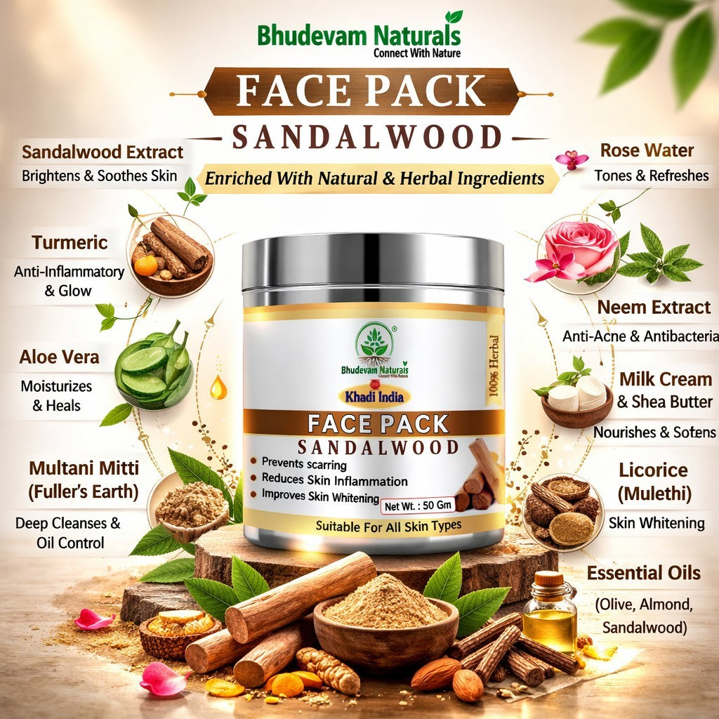 Bhudevam Naturals Khadi Sandalwood Face Pack for Skin Brightening & Glow- 100GM (Pack of 2)