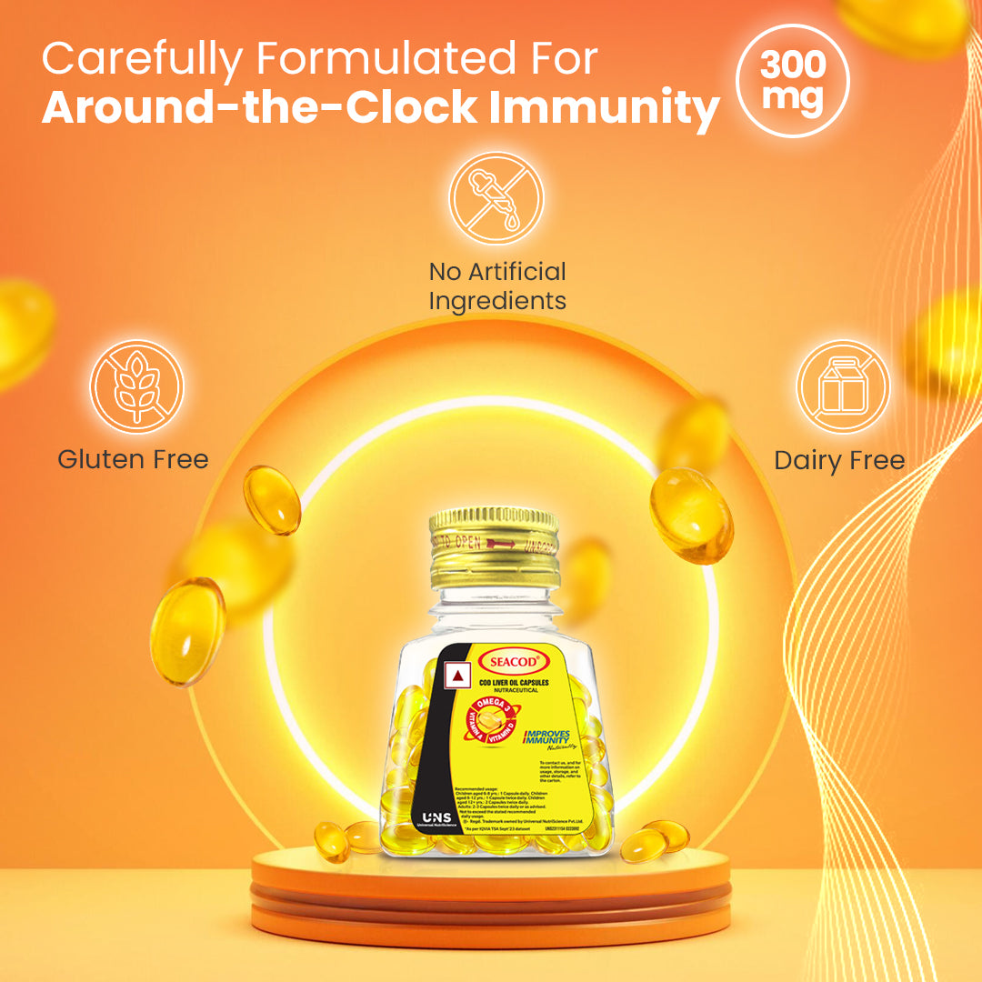 Seacod Cod Liver Oil Capsule 300 mg | Omega-3, Vitamins D & A | Immune & Heart Health