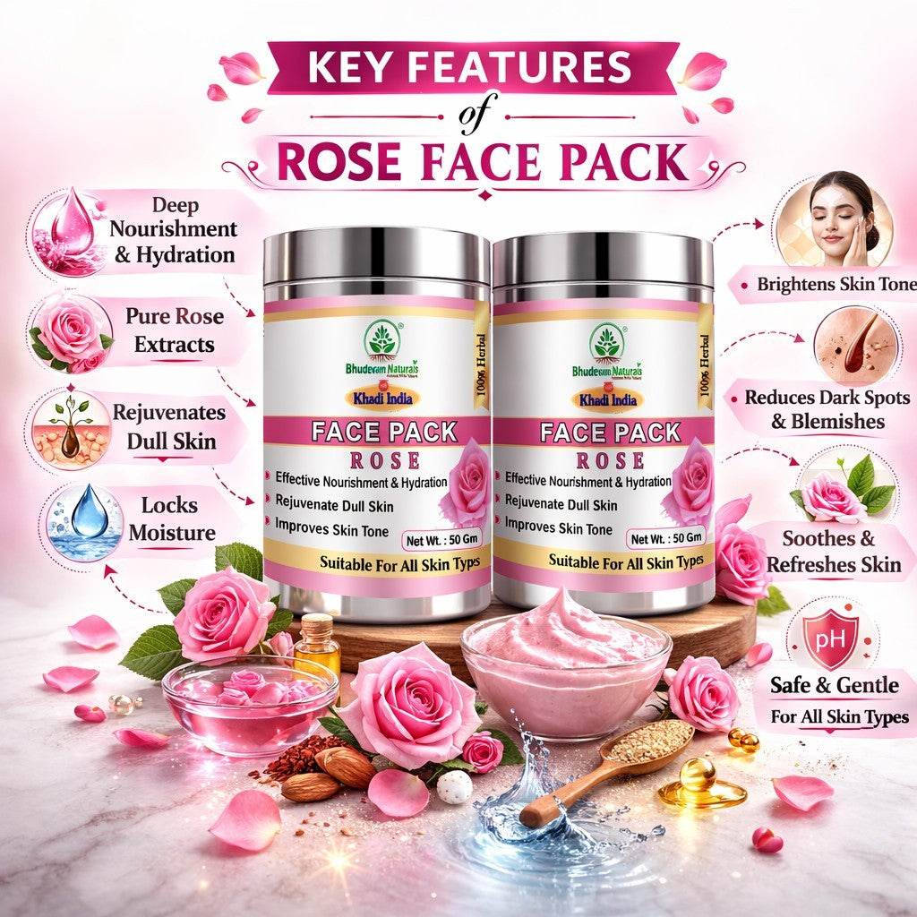 Bhudevam Naturals Khadi Herbal Rose Face Pack Skin Brightening Face Mask for Glow, Pigmentation & Deep Cleansing- 100GM (Pack of 2)