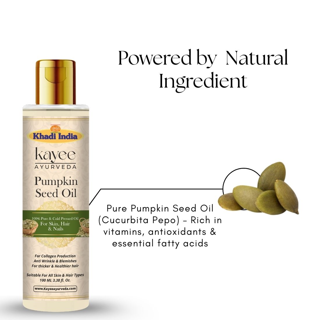 Kayee Ayurveda Pumpkin Seed Oil for Skin, Hair & Nails | Natural Pumpkin Seed Oil for Hair & Scalp Nourishment, Dry Skin Moisturization, Nail & Cuticle Care, Hair Conditioning & Natural Shine | 100 ml