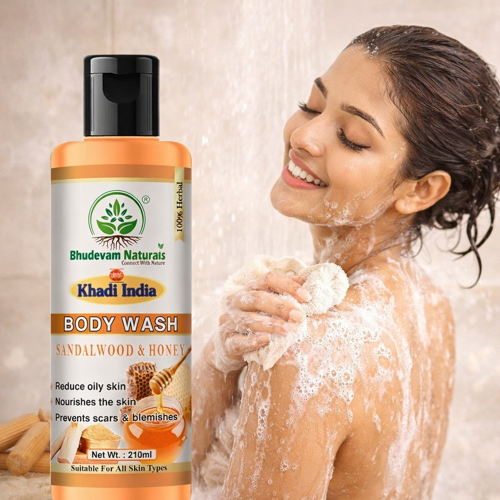 Bhudevam Naturals Khadi Sandalwood Honey Shower Gel, Natural Body Wash for Soft, Smooth & Healthy Skin- 210ML