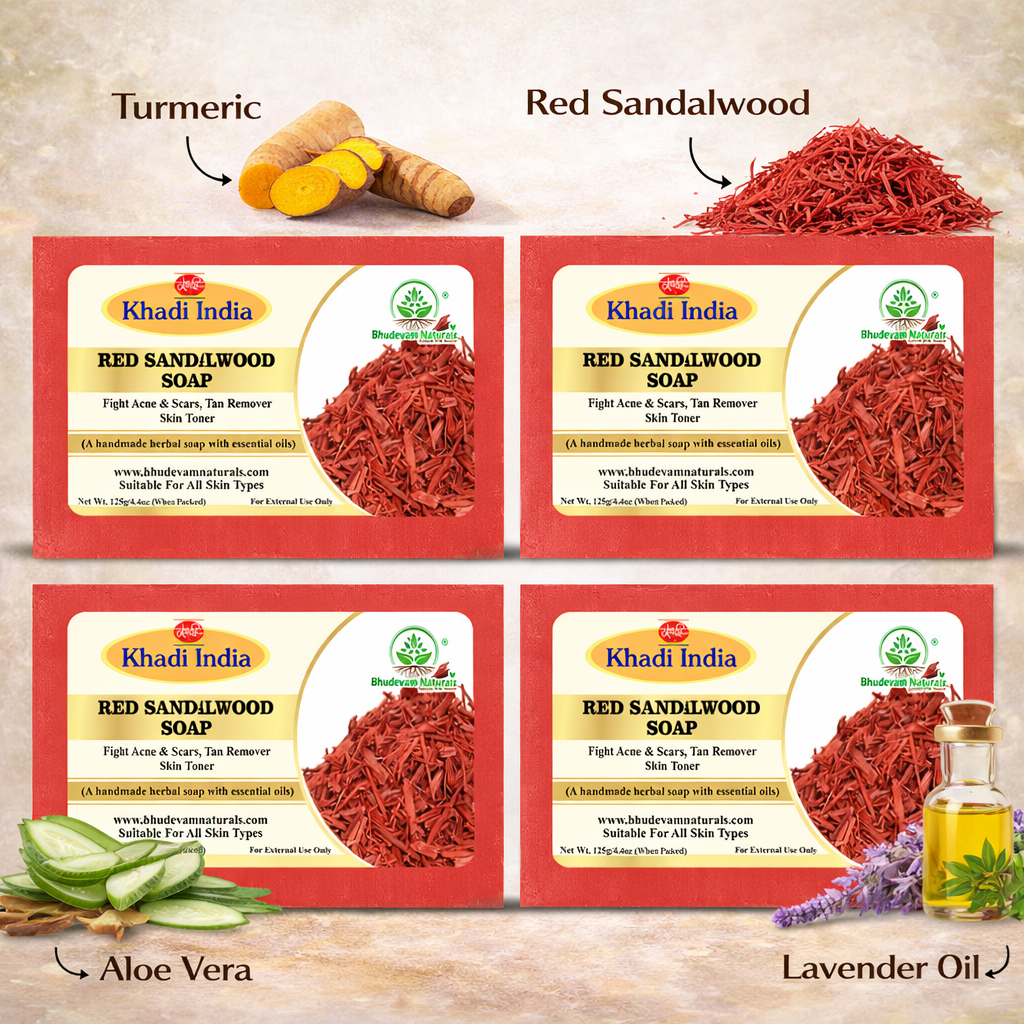 Bhudevam Naturals Khadi Red Sandalwood Soap For Natural Skin Brightening & Tan Removal Bath Soap - 500GM (Pack of 4)