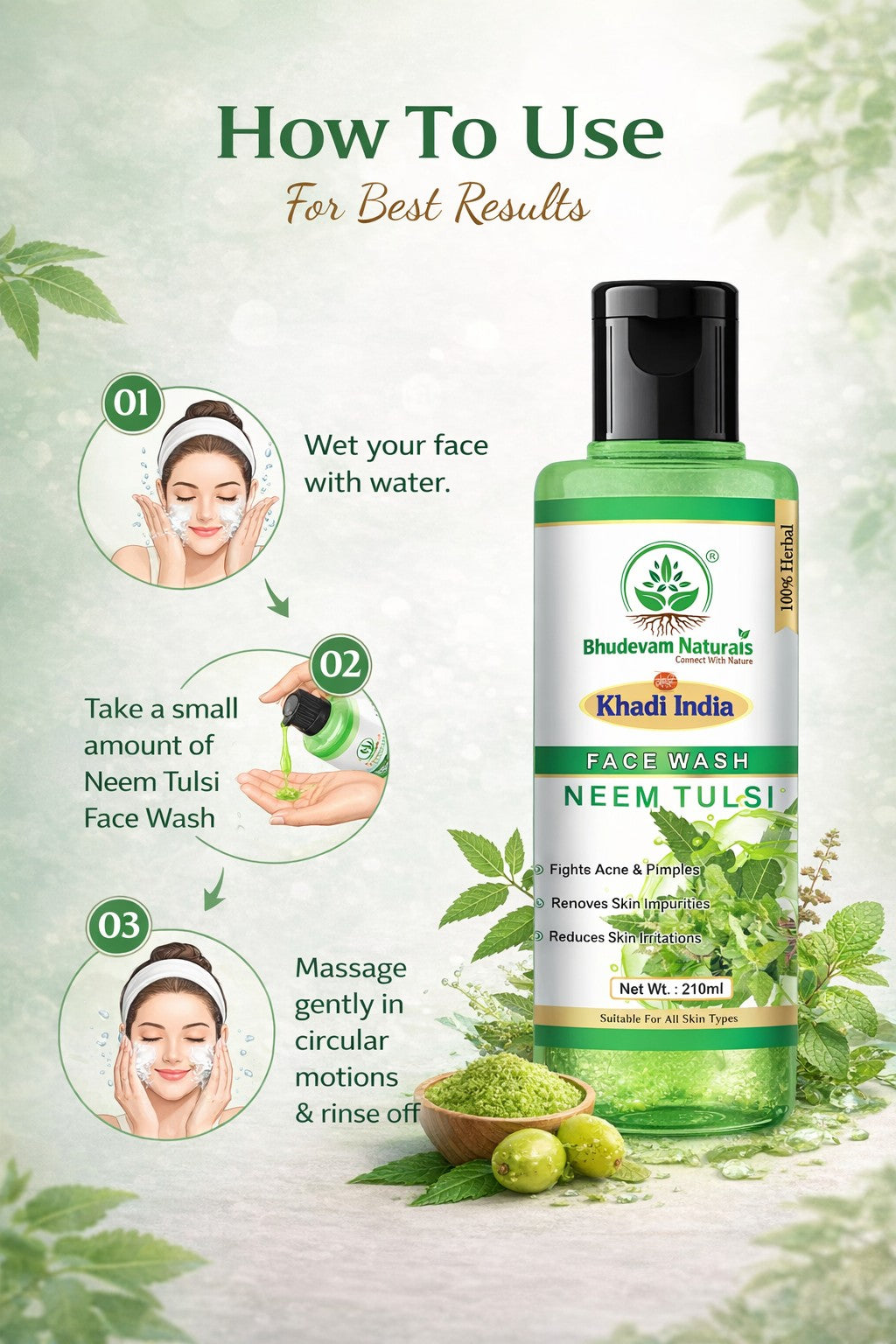 Bhudevam Naturals Khadi Neem Tulsi Face Wash for Oily & Acne-Prone Skin - 420ML (Pack of 2)