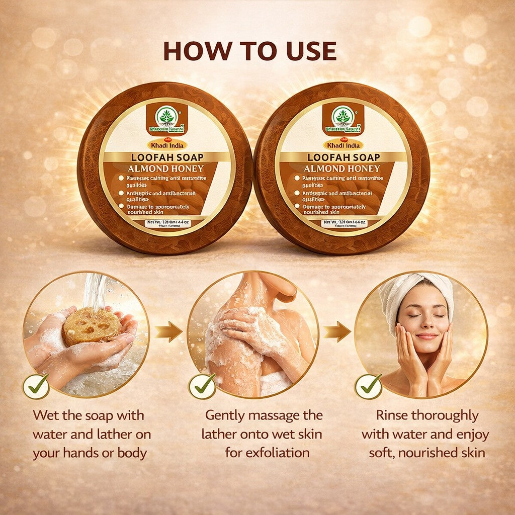 Bhudevam Naturals Khadi Almond Honey Loofah Soap – Natural Exfoliating Bath Soap for Soft & Glowing Skin- 250GM (Pack of 2)