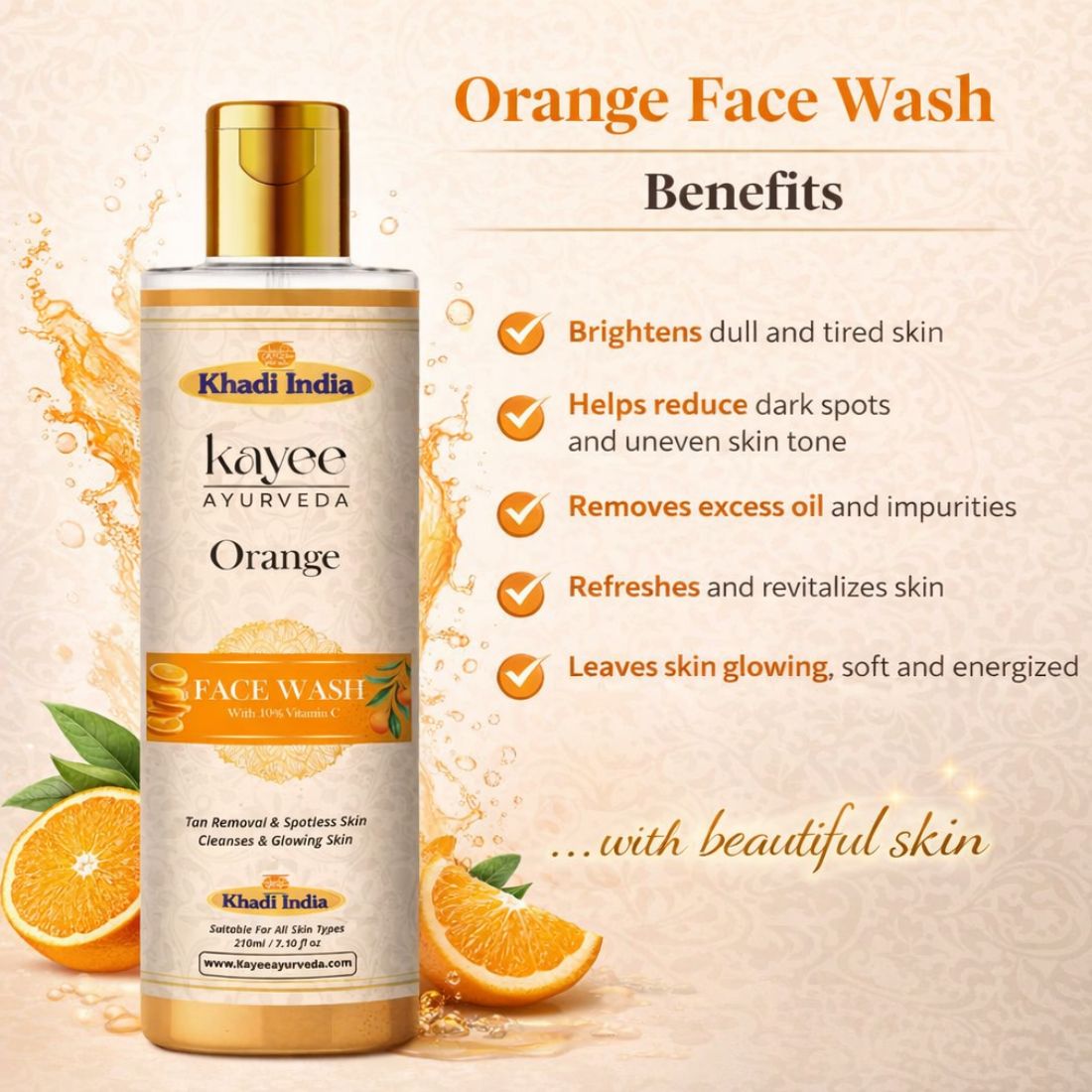 Kayee Ayurveda Orange Face Wash for Glowing & Fresh-Looking Skin | Fruit-Enriched Facial Cleanser for Normal, Oily & Combination Skin | Helps Cleanse Dirt, Pollution, Excess Oil & Daily Impurities for a Smooth, Radiant-Looking Complexion | 210 ml